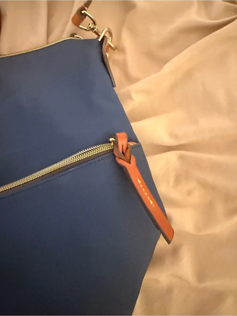 Blue Women's Tote Bag with Brown Trim
